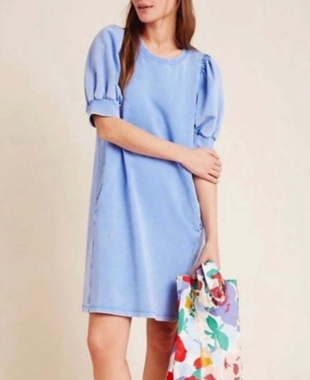 Saturday Sunday by Anthropologie Bonnie Blue Puff Sleeve Sweatshirt Dress Size S